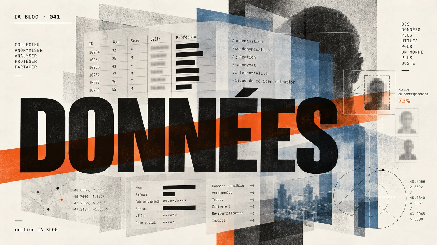Illustration éditoriale IA BLOG sur les données, l’anonymisation et le risque de ré-identification